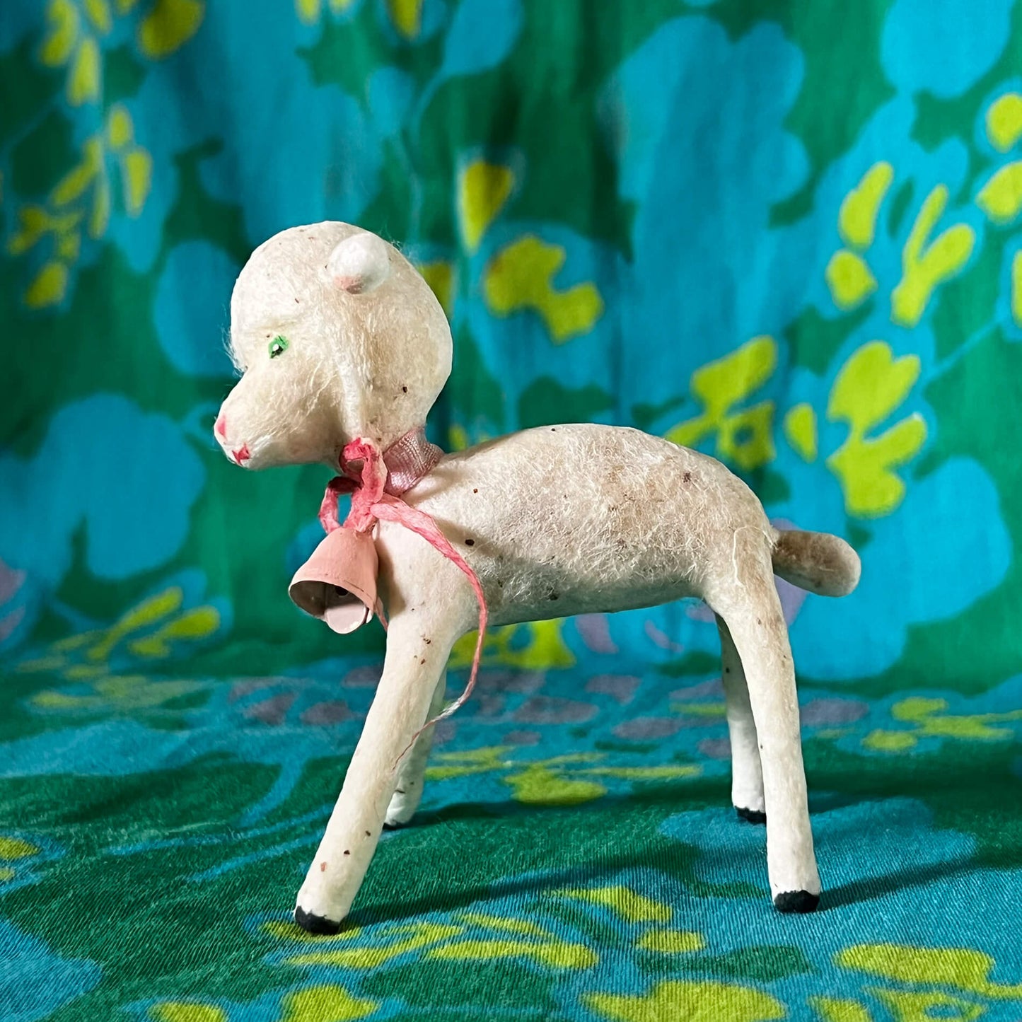 Lamb with Pink Bell Spun Cotton Figurine