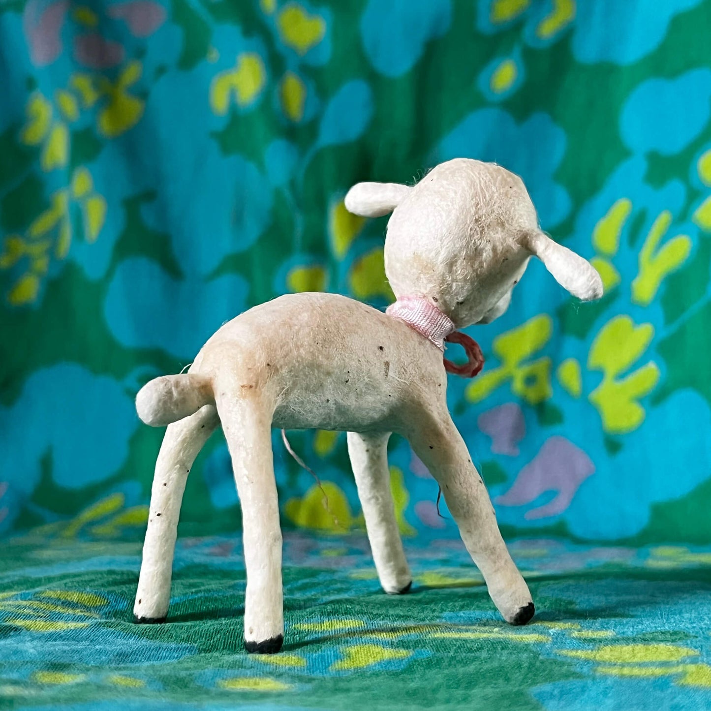 Lamb with Pink Bell Spun Cotton Figurine