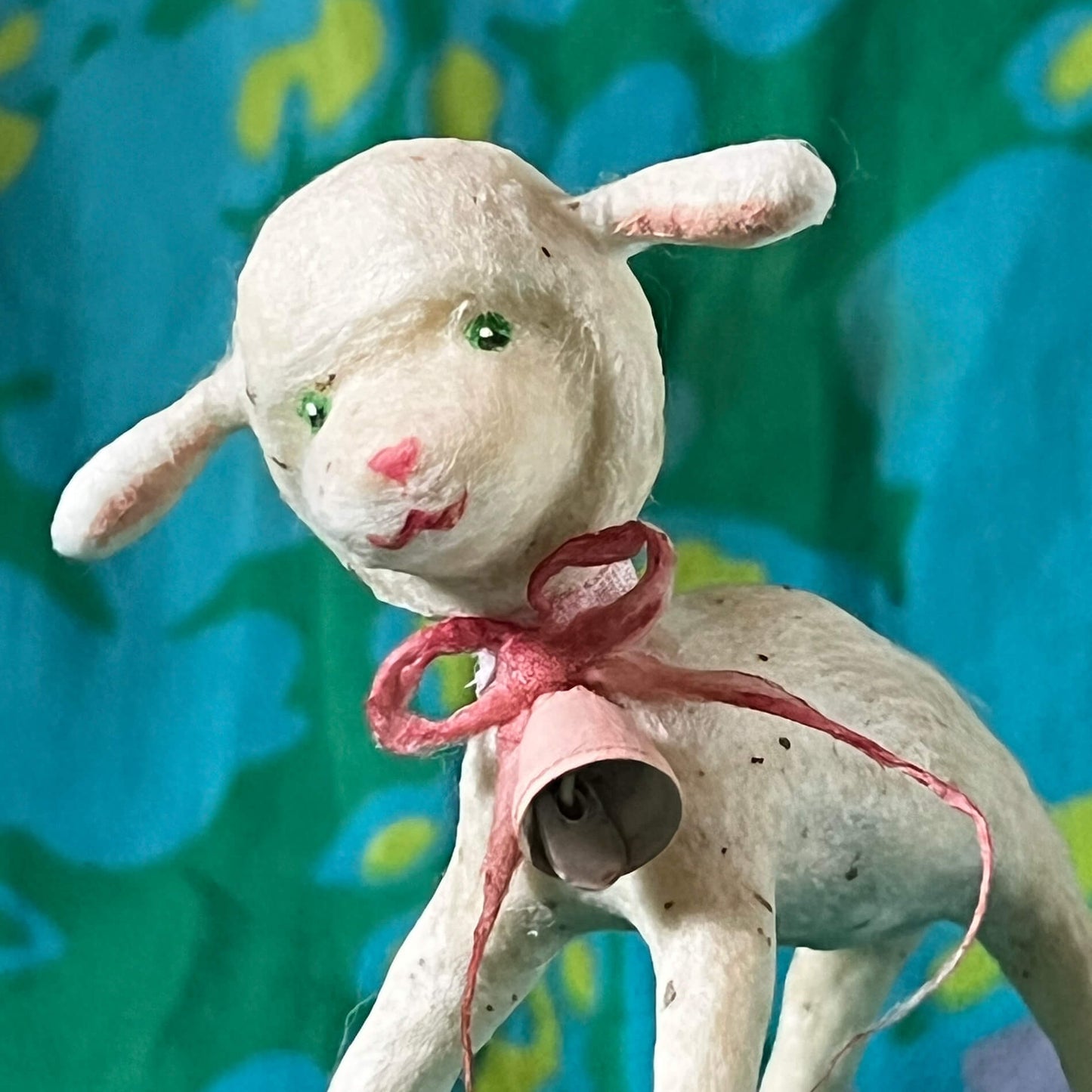 Lamb with Pink Bell Spun Cotton Figurine