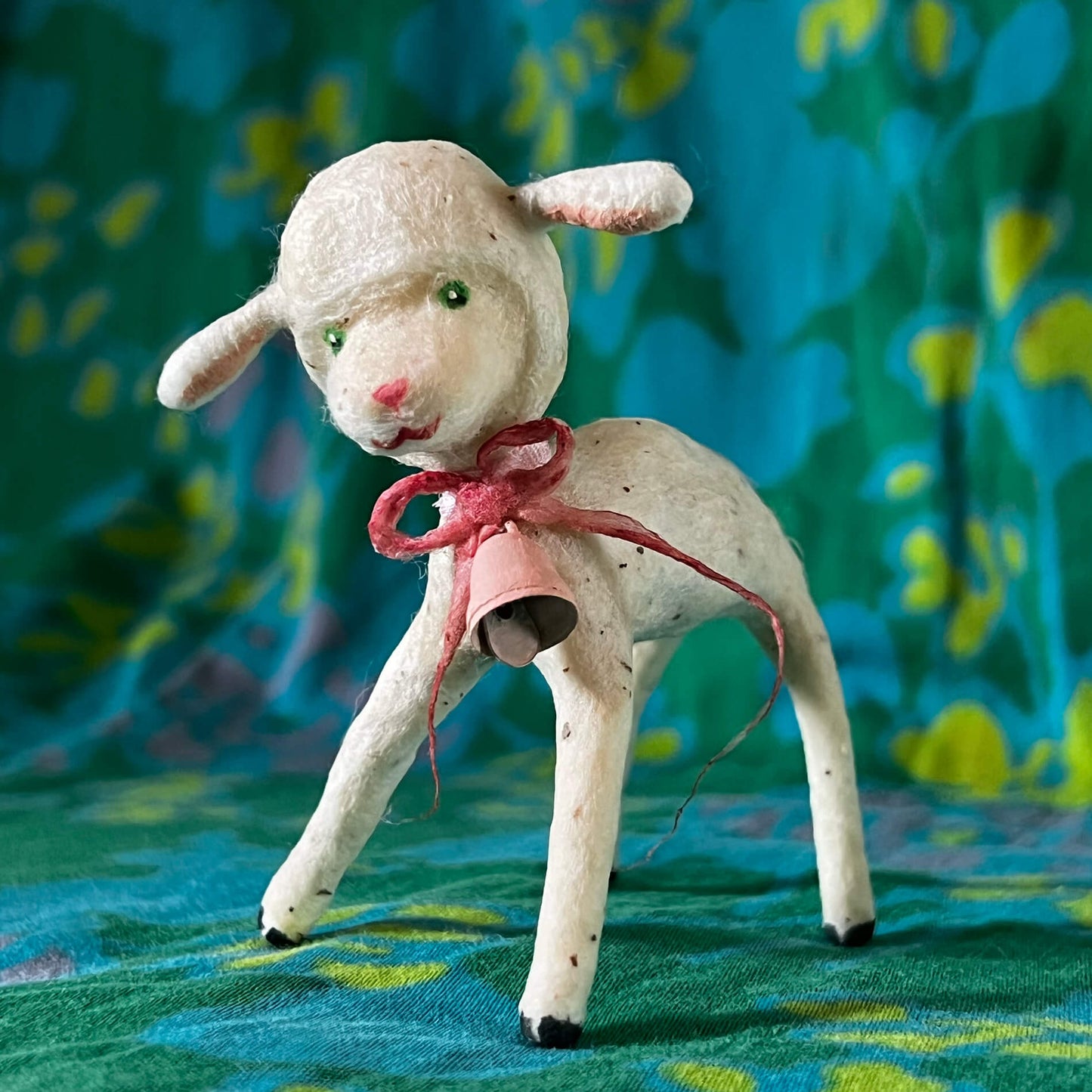Lamb with Pink Bell Spun Cotton Figurine