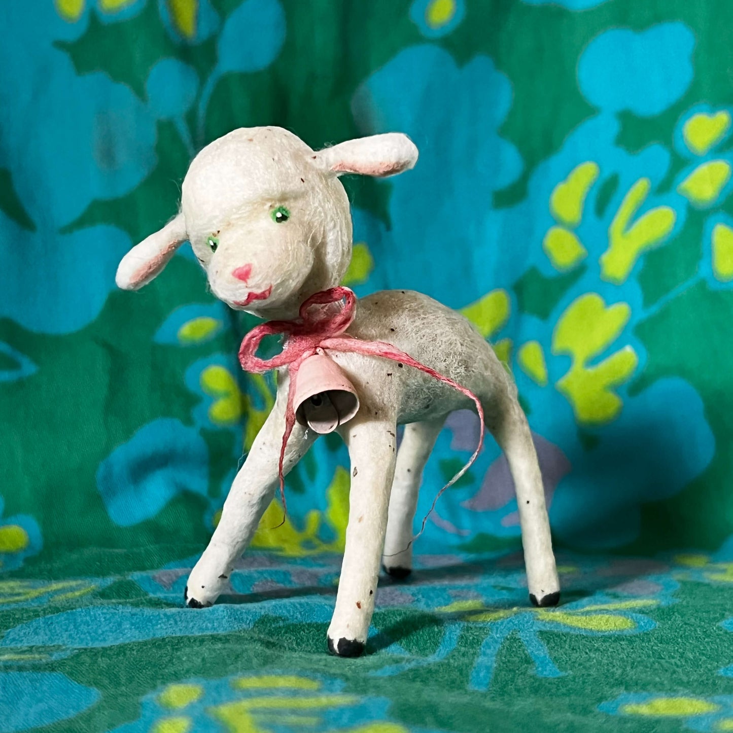 Lamb with Pink Bell Spun Cotton Figurine
