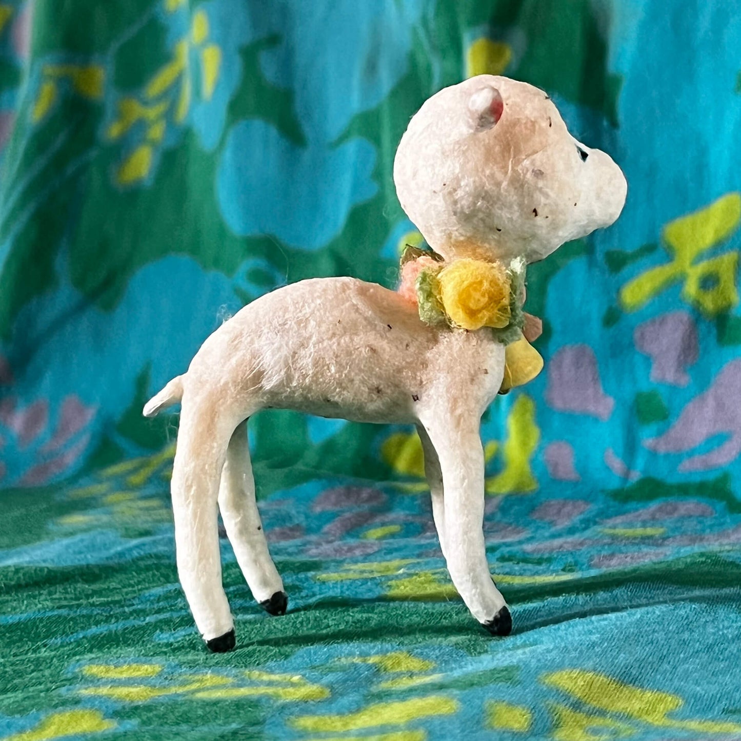 Lamb with Yellow Bell Spun Cotton Figurine