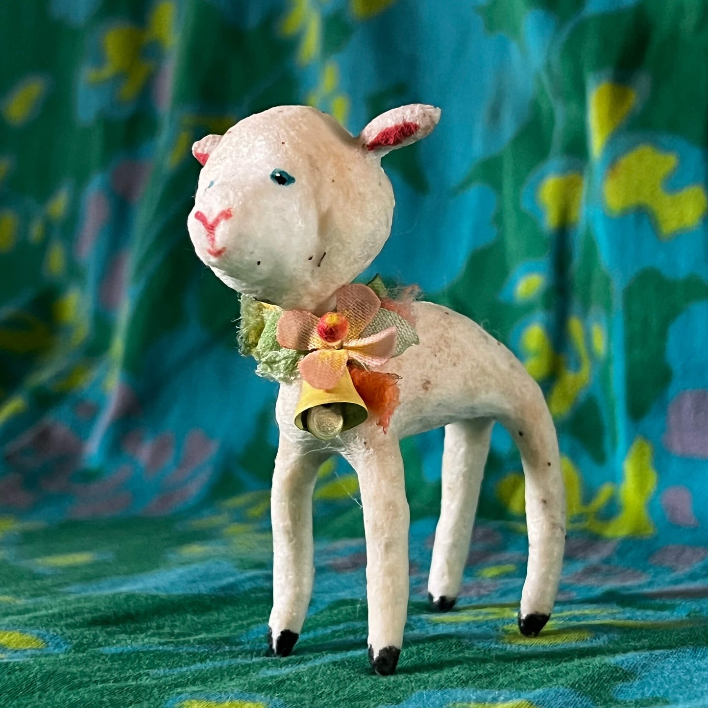 Lamb with Yellow Bell Spun Cotton Figurine