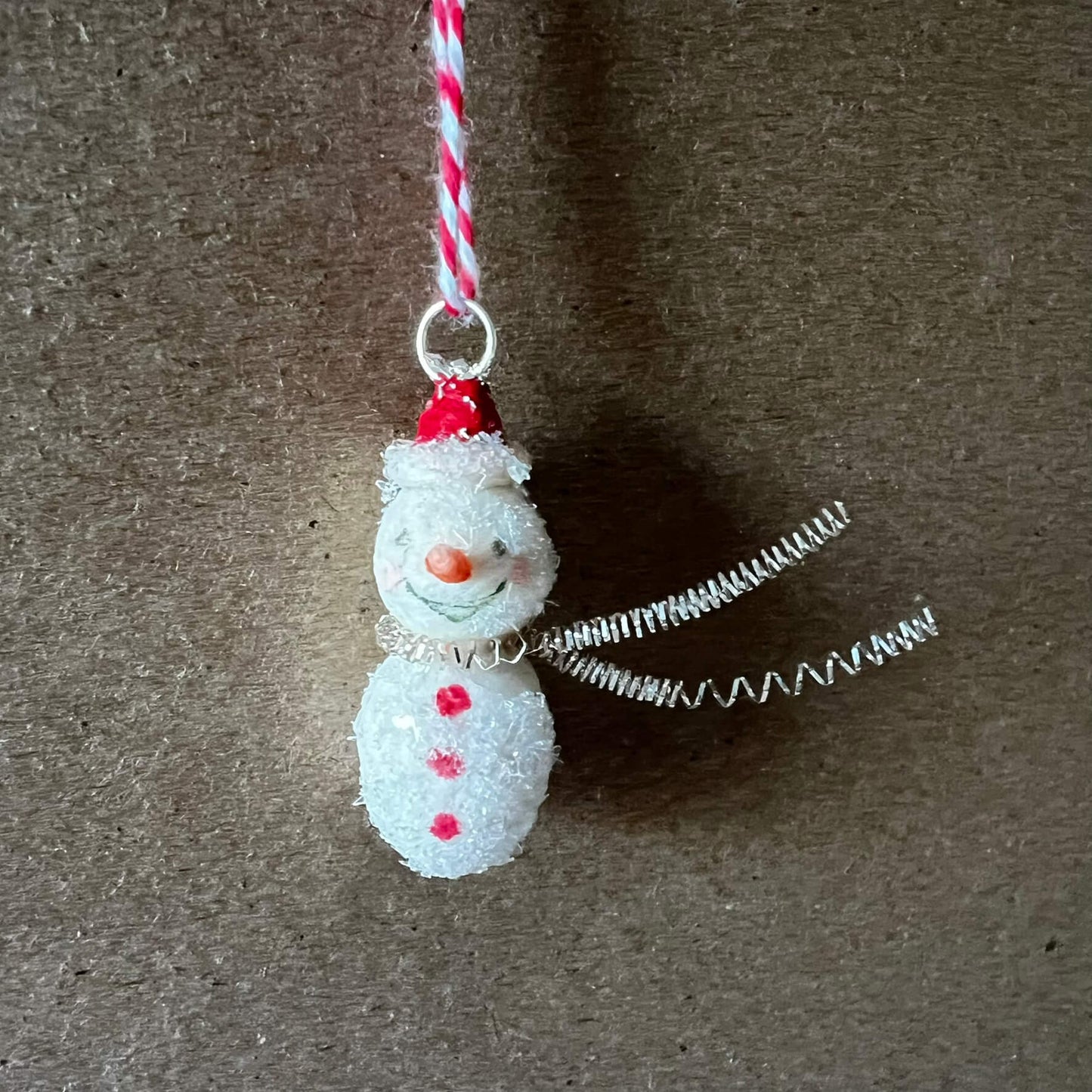 Mini Spun Cotton Snowman with Red Pointed Hat Ornament