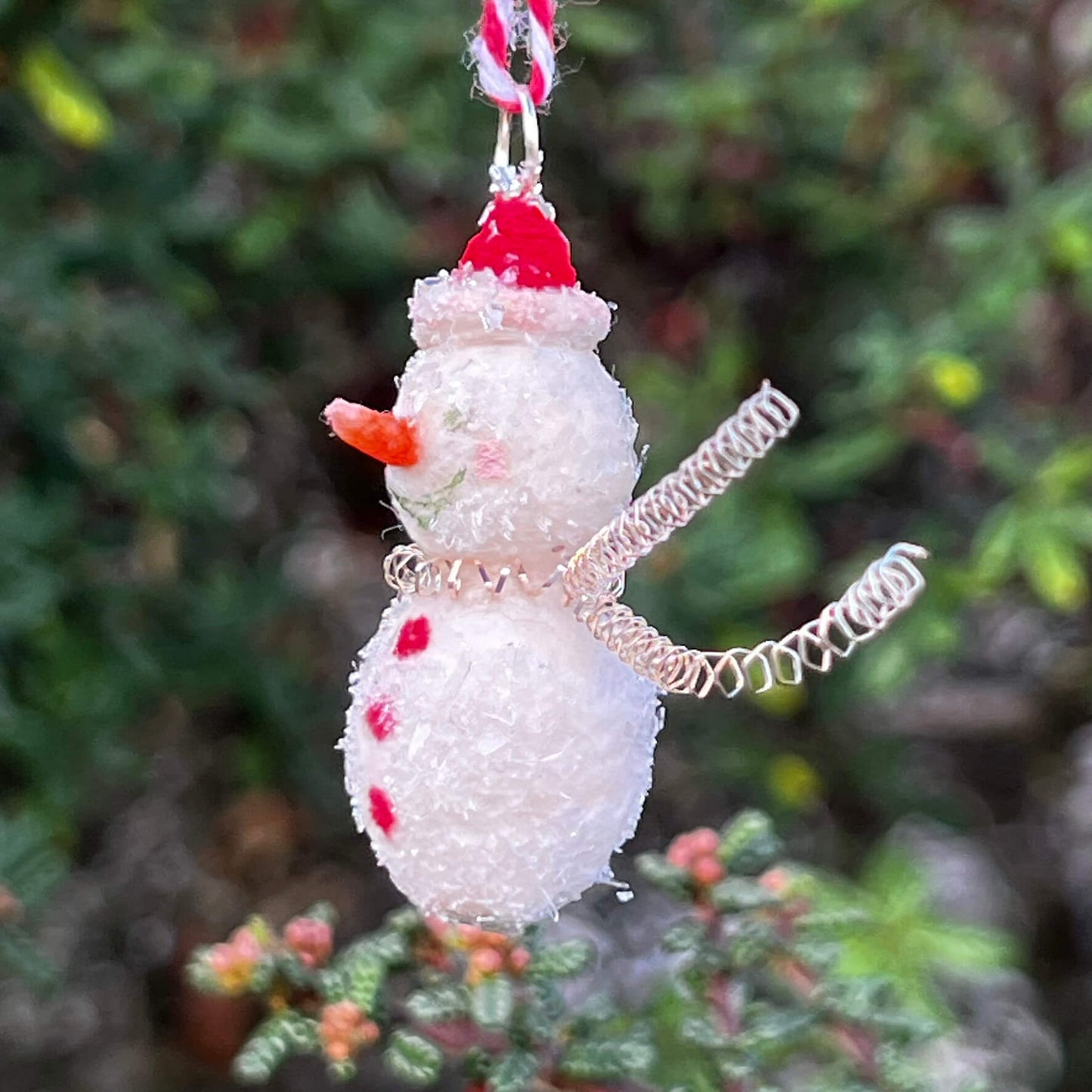Mini Spun Cotton Snowman with Red Pointed Hat Ornament