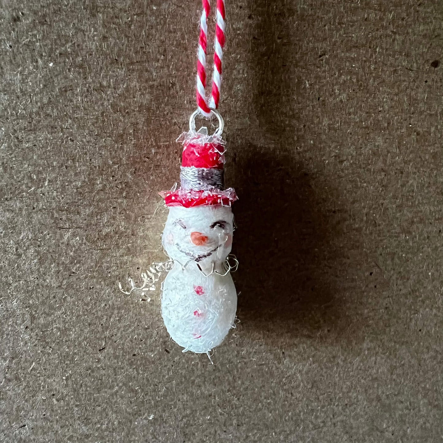 Mini Spun Cotton Snowman with Red Hat Ornament