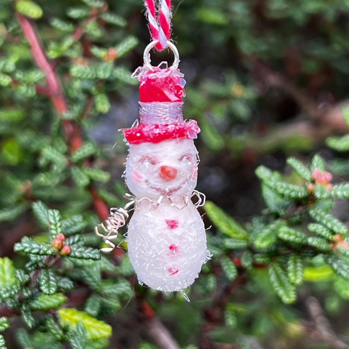 Mini Spun Cotton Snowman with Red Hat Ornament