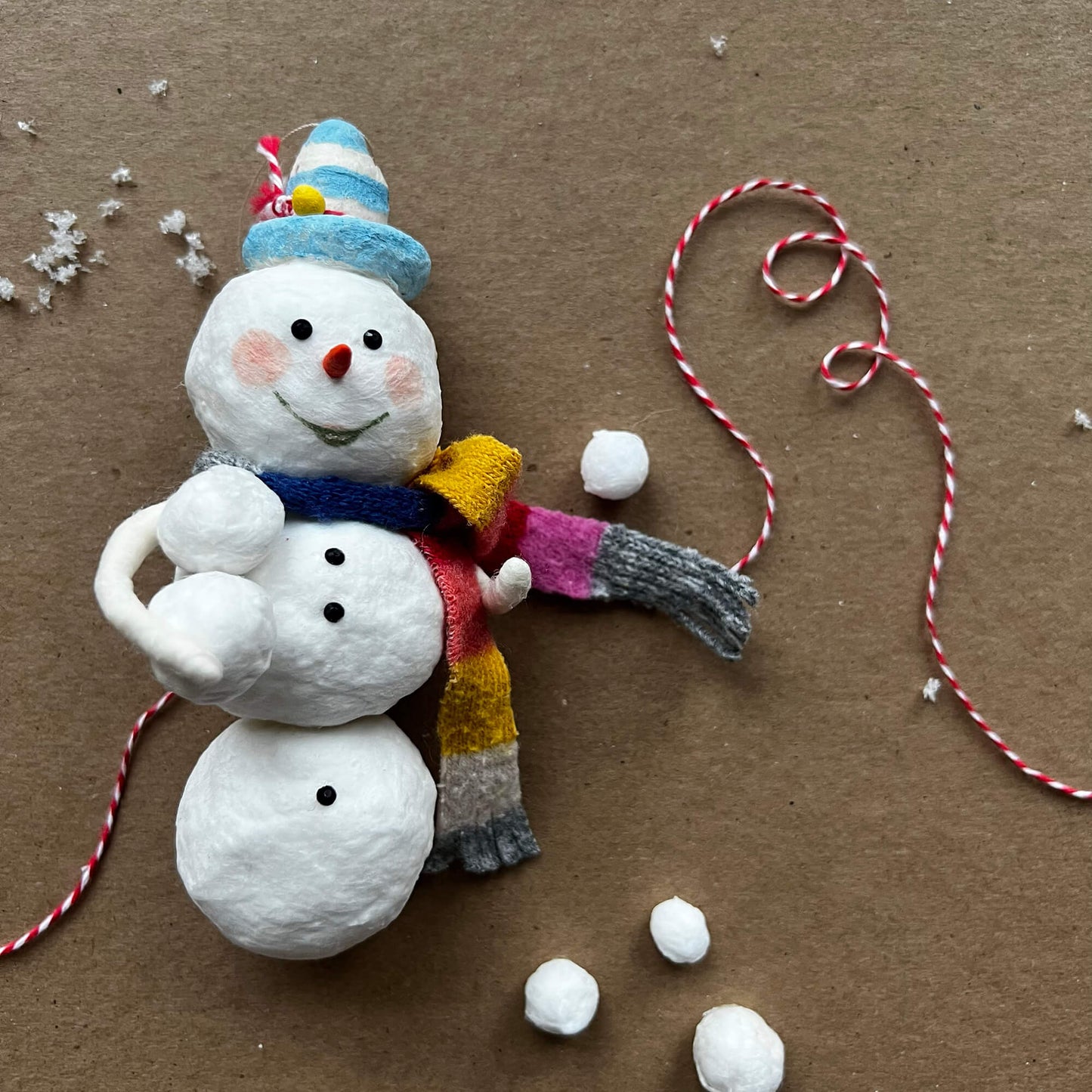 Snowman with Blue Striped Hat, Handmade Spun Cotton Ornament