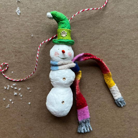 Snowman with Green Hat, Handmade Spun Cotton Ornament