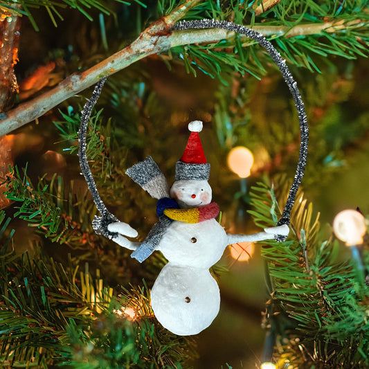 Snowman Circle Swing, Handmade Spun Cotton Ornament