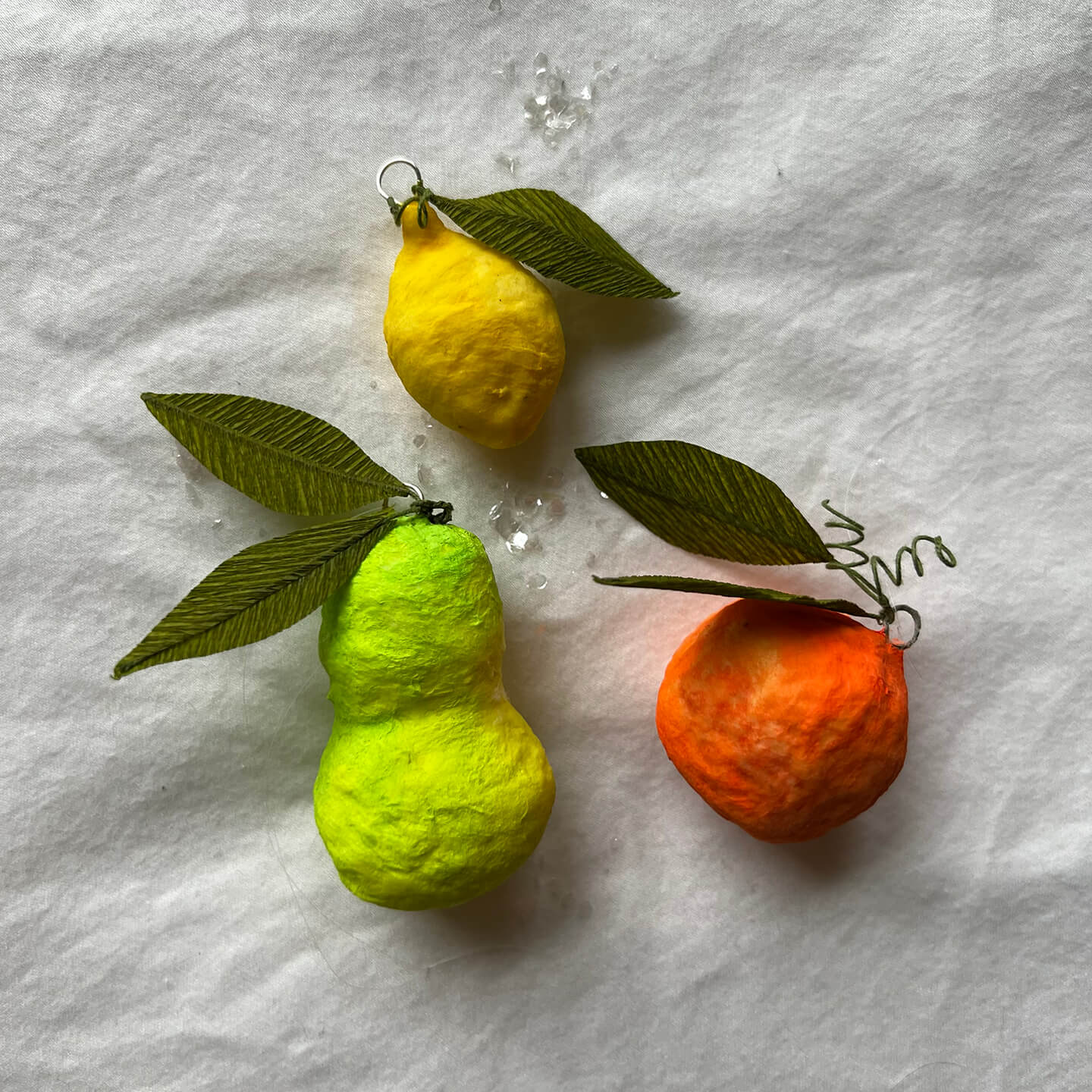 Pear, Orange, and Lemon, Handmade Spun Cotton Ornament Set