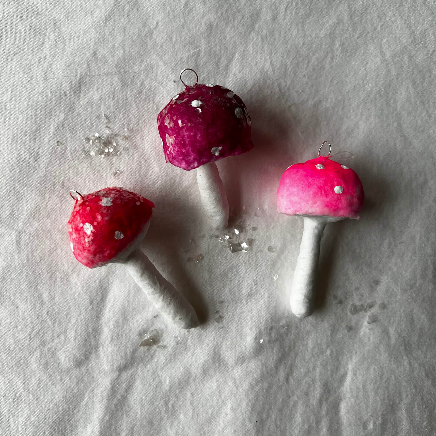 Trio of Mushrooms, Handmade Spun Cotton Ornament Set