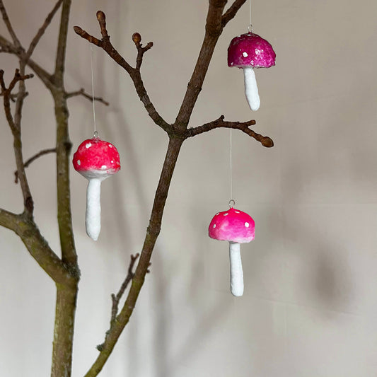 Trio of Mushrooms, Handmade Spun Cotton Ornament Set
