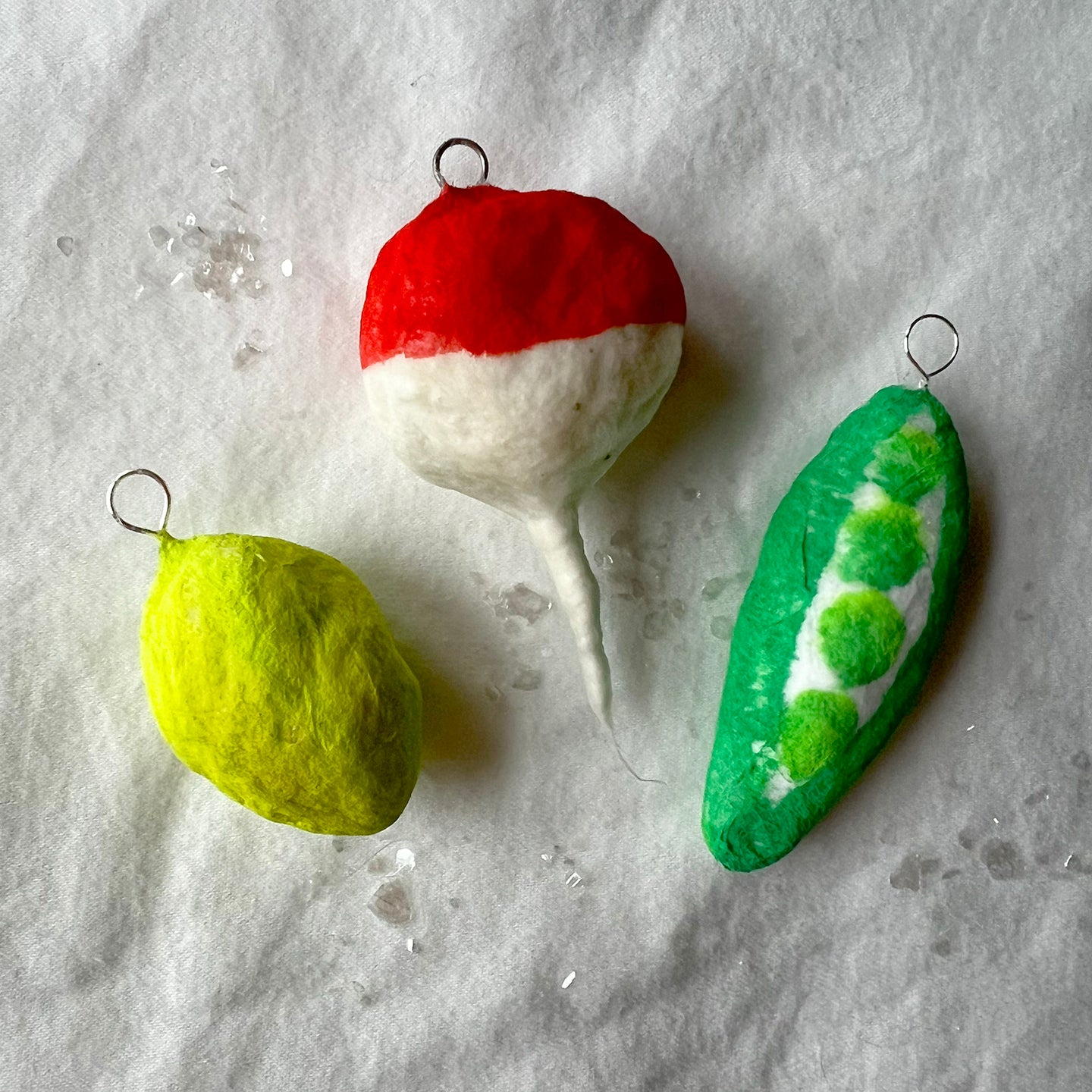 Radish, Lime, and Pea Handmade Spun Cotton Ornament Set