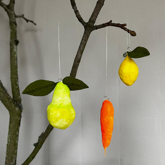 Pear, Carrot, and Lemon, Handmade Spun Cotton Ornament Set