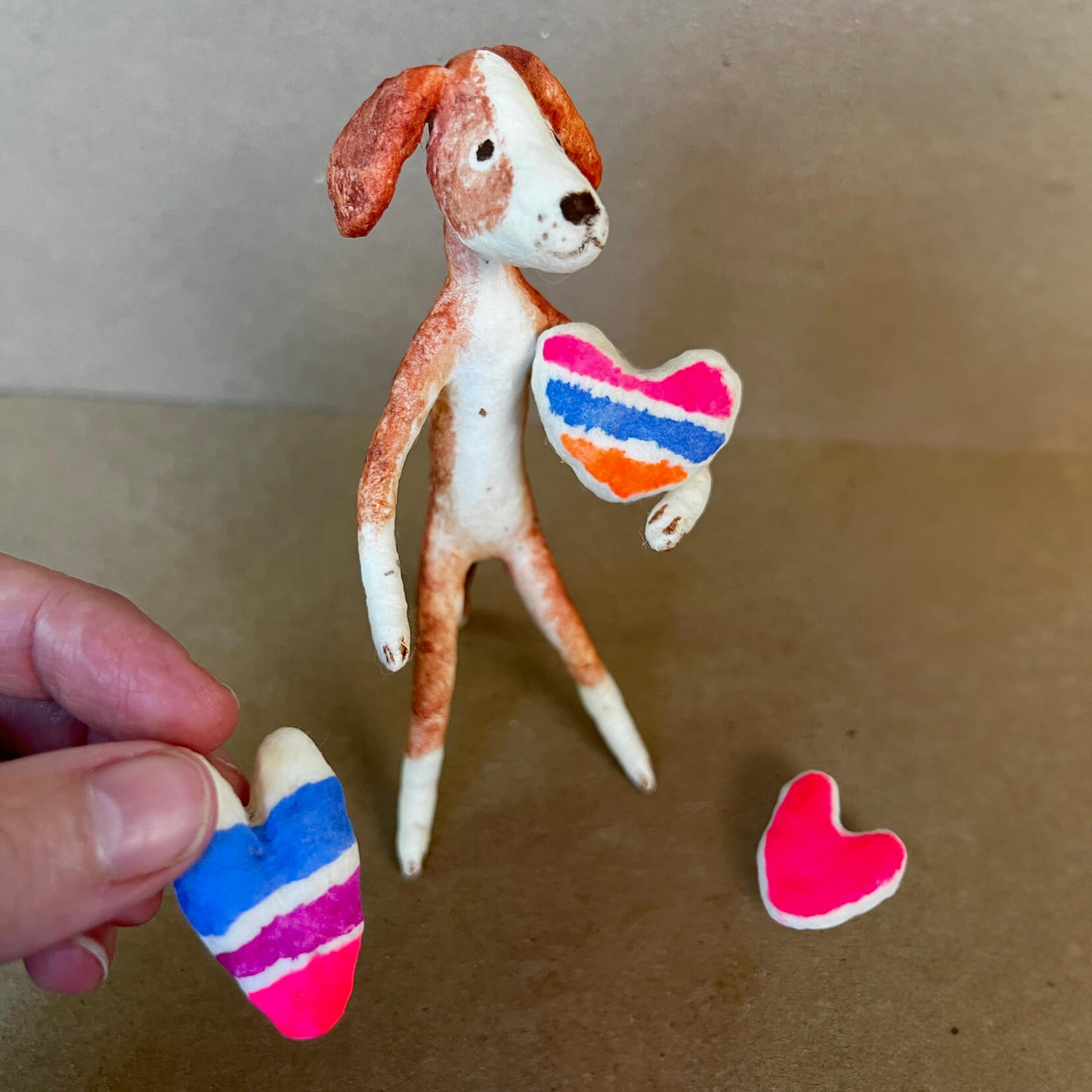 Dog with Hearts, Handmade Spun Cotton Figurine