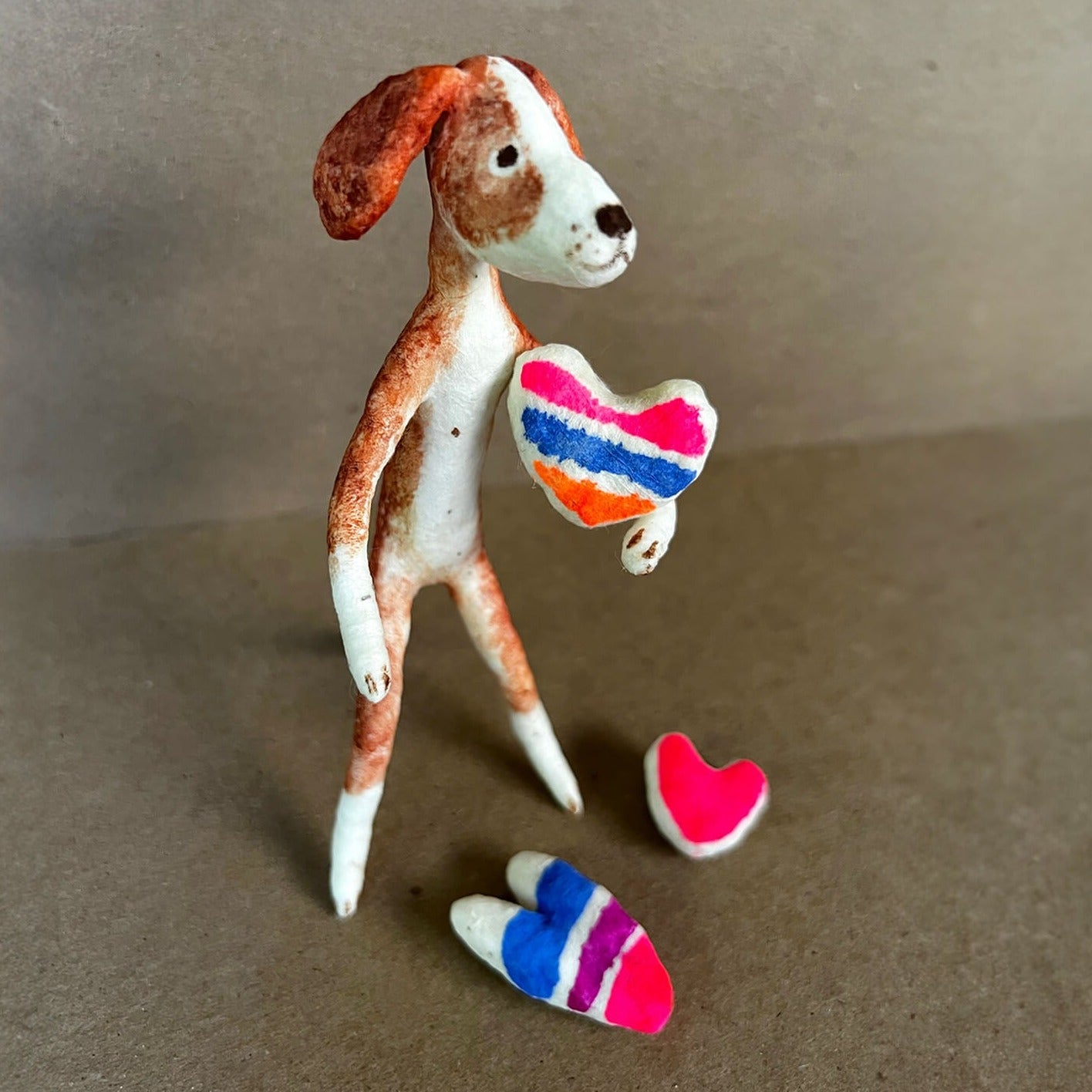 Dog with Hearts, Handmade Spun Cotton Figurine