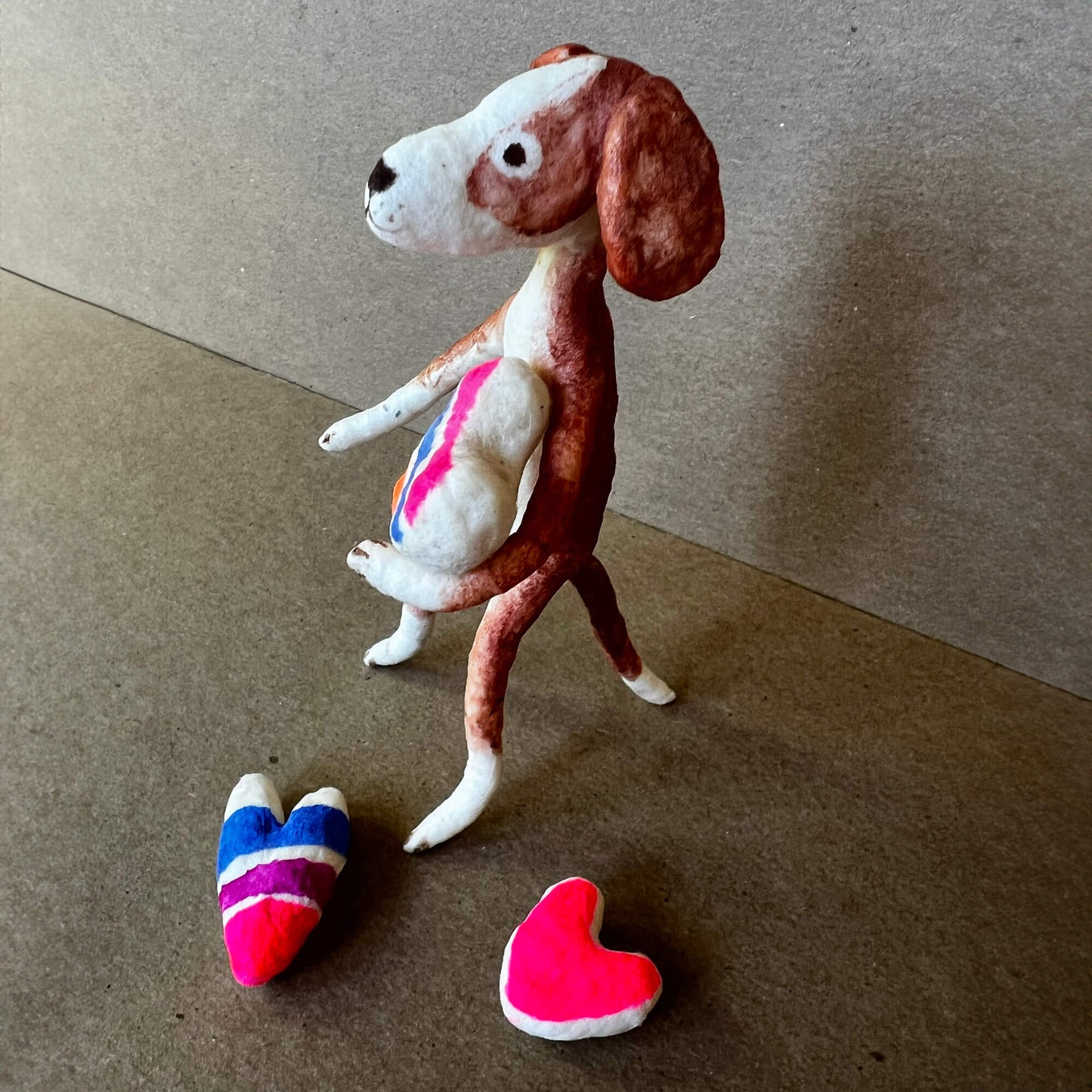 Dog with Hearts, Handmade Spun Cotton Figurine