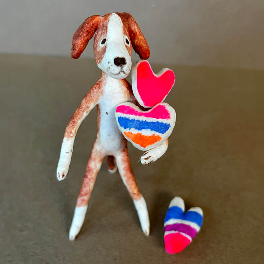 Dog with Hearts, Handmade Spun Cotton Figurine