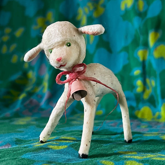 Lamb with Pink Bell Spun Cotton Figurine