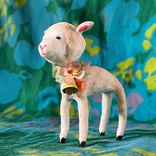 Lamb with Yellow Bell Spun Cotton Figurine