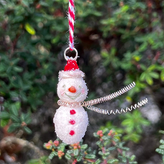 Mini Spun Cotton Snowman with Red Pointed Hat Ornament