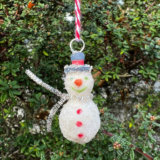 Mini Spun Cotton Snowman with Red Hat Band Ornament