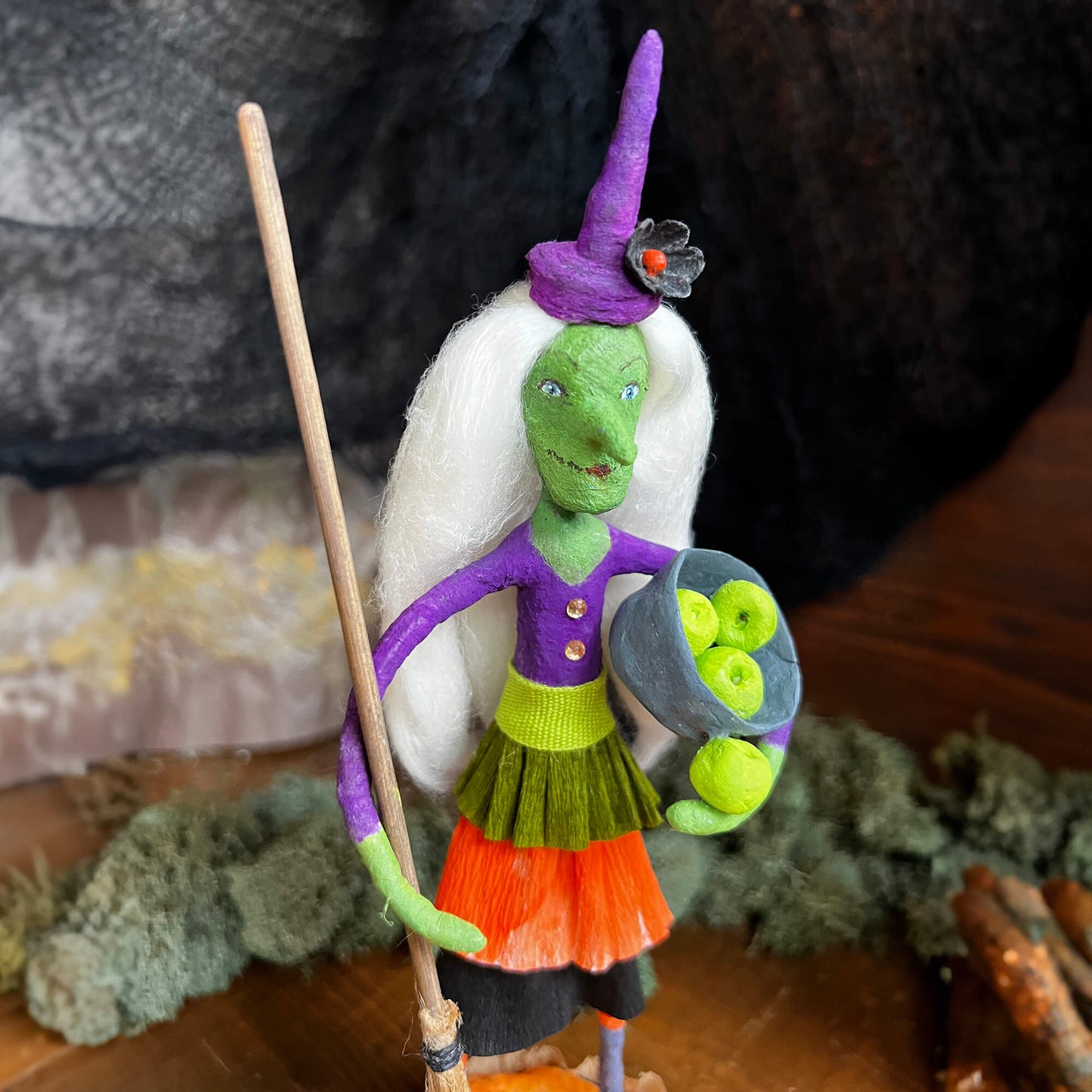 Amethyst the Witch, Handmade Spun Cotton Halloween Figurine