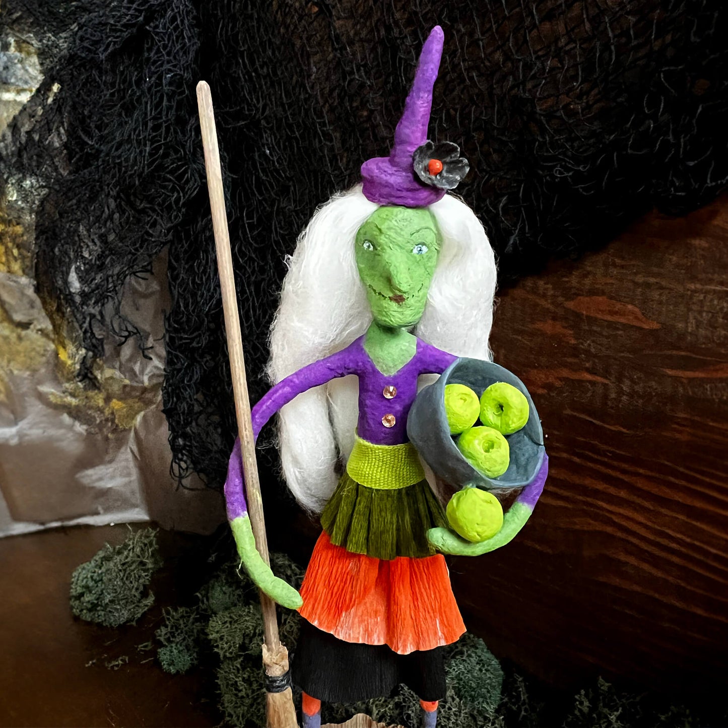 Amethyst the Witch, Handmade Spun Cotton Halloween Figurine