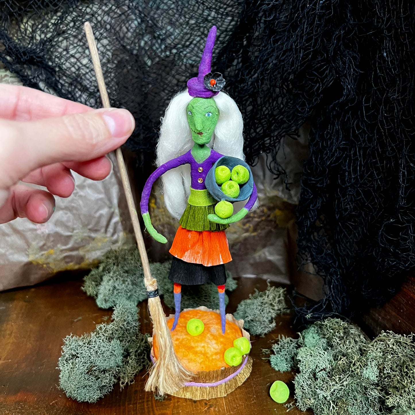 Amethyst the Witch, Handmade Spun Cotton Halloween Figurine