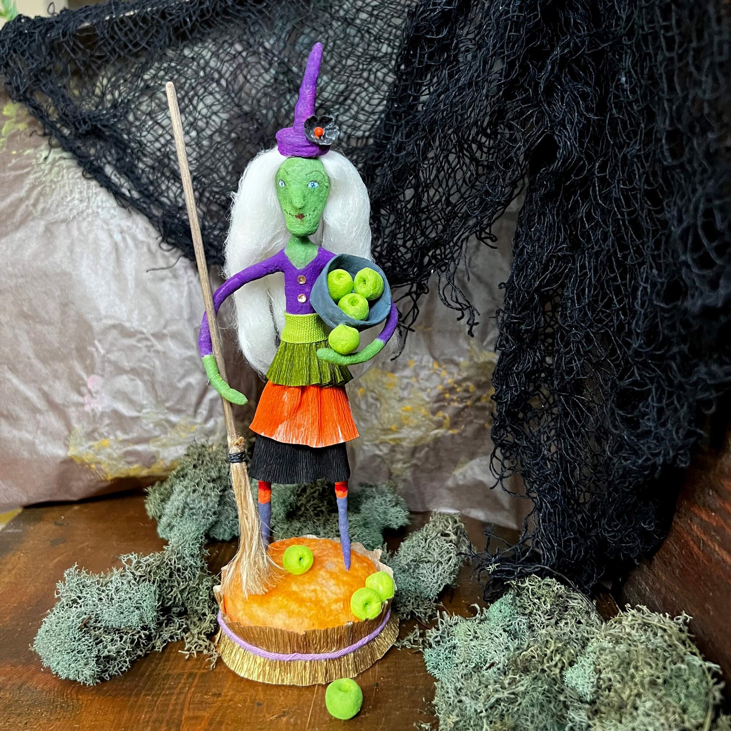 Amethyst the Witch, Handmade Spun Cotton Halloween Figurine