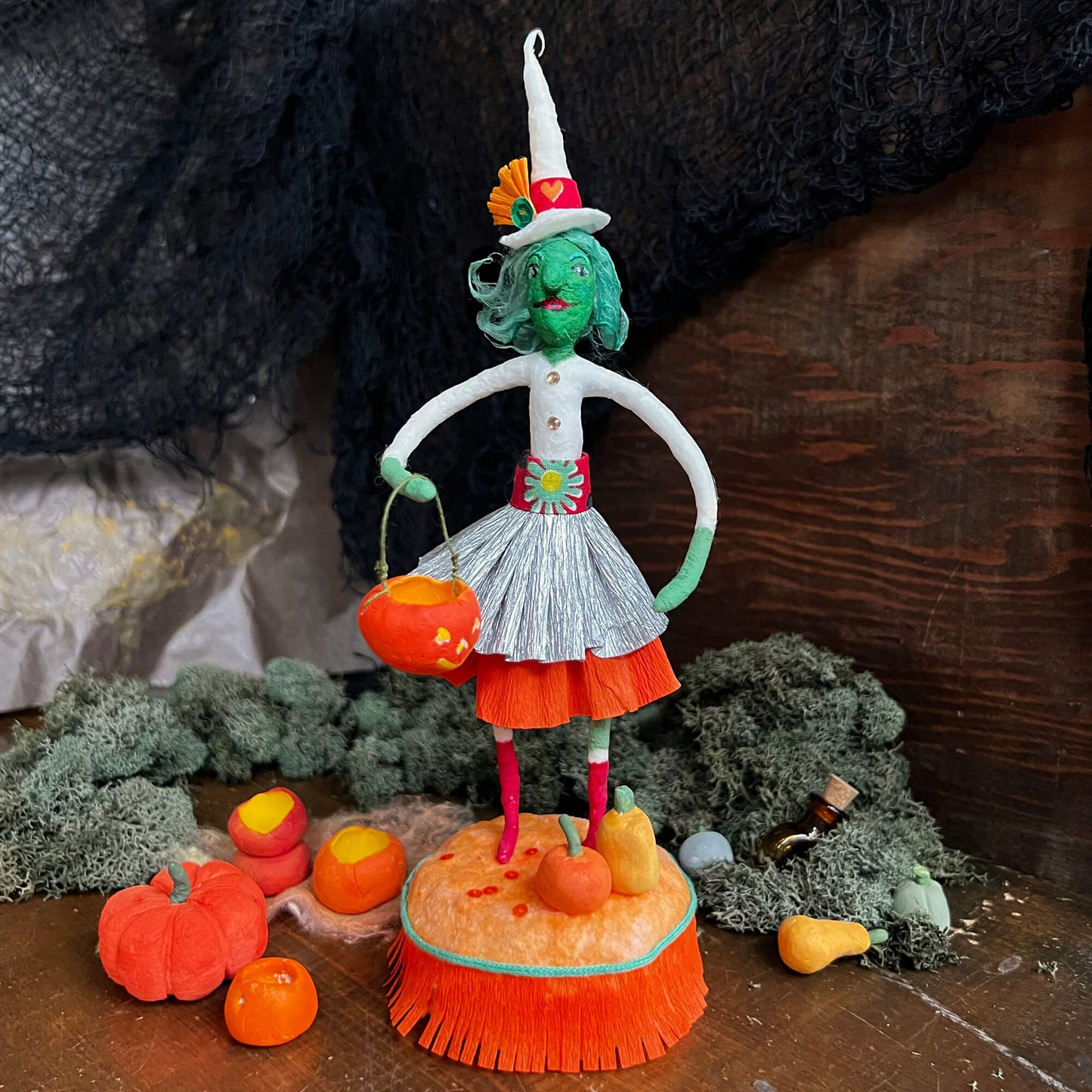 Luna the Witch, Handmade Spun Cotton Halloween Figurine