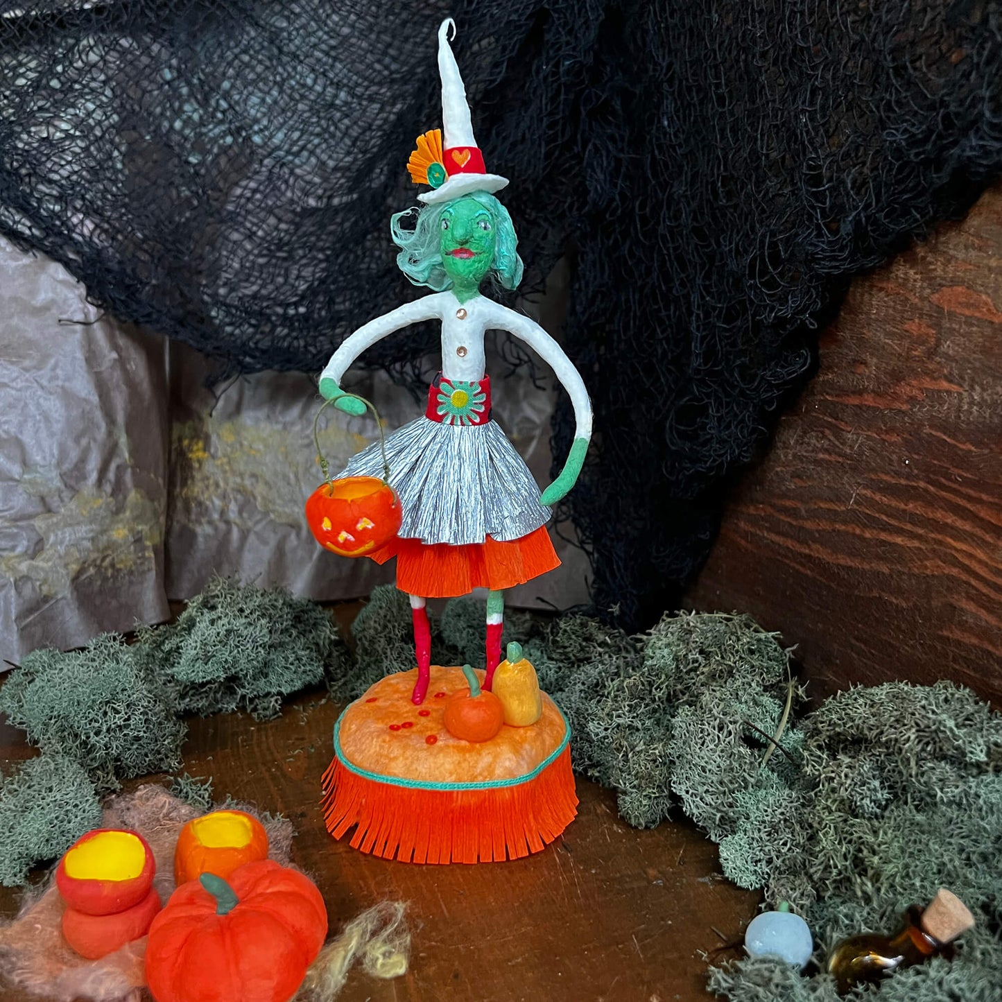 Luna the Witch, Handmade Spun Cotton Halloween Figurine