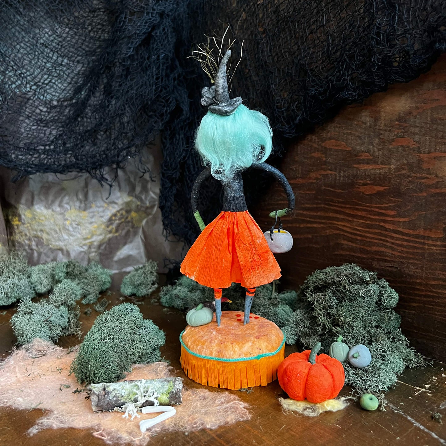 Belladonna the Witch, Handmade Spun Cotton Halloween Figurine