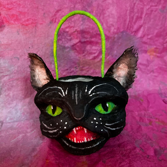 Vintage-Inspired Black Cat, Handmade Spun Cotton Halloween Bucket