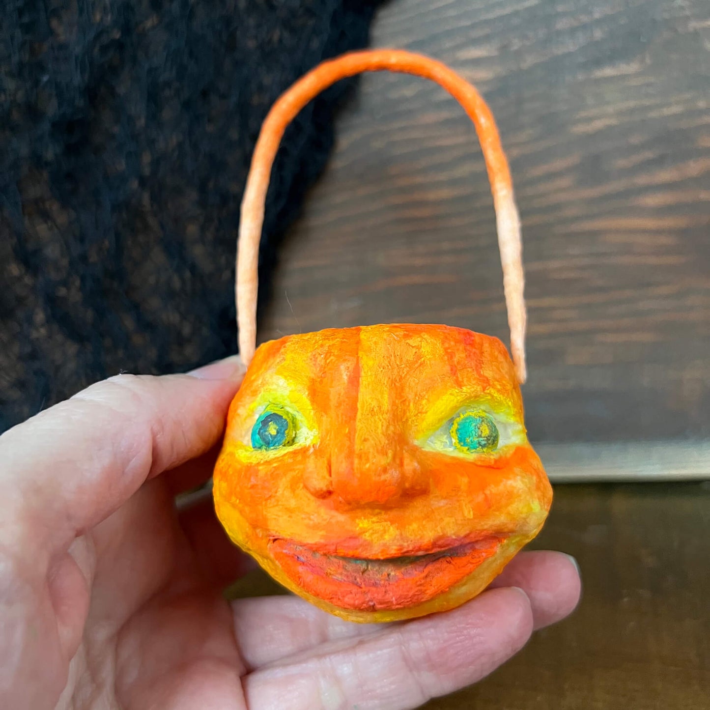 Moon Glow Pumpkin, Small Handmade Paperclay & Spun Cotton Halloween Bucket