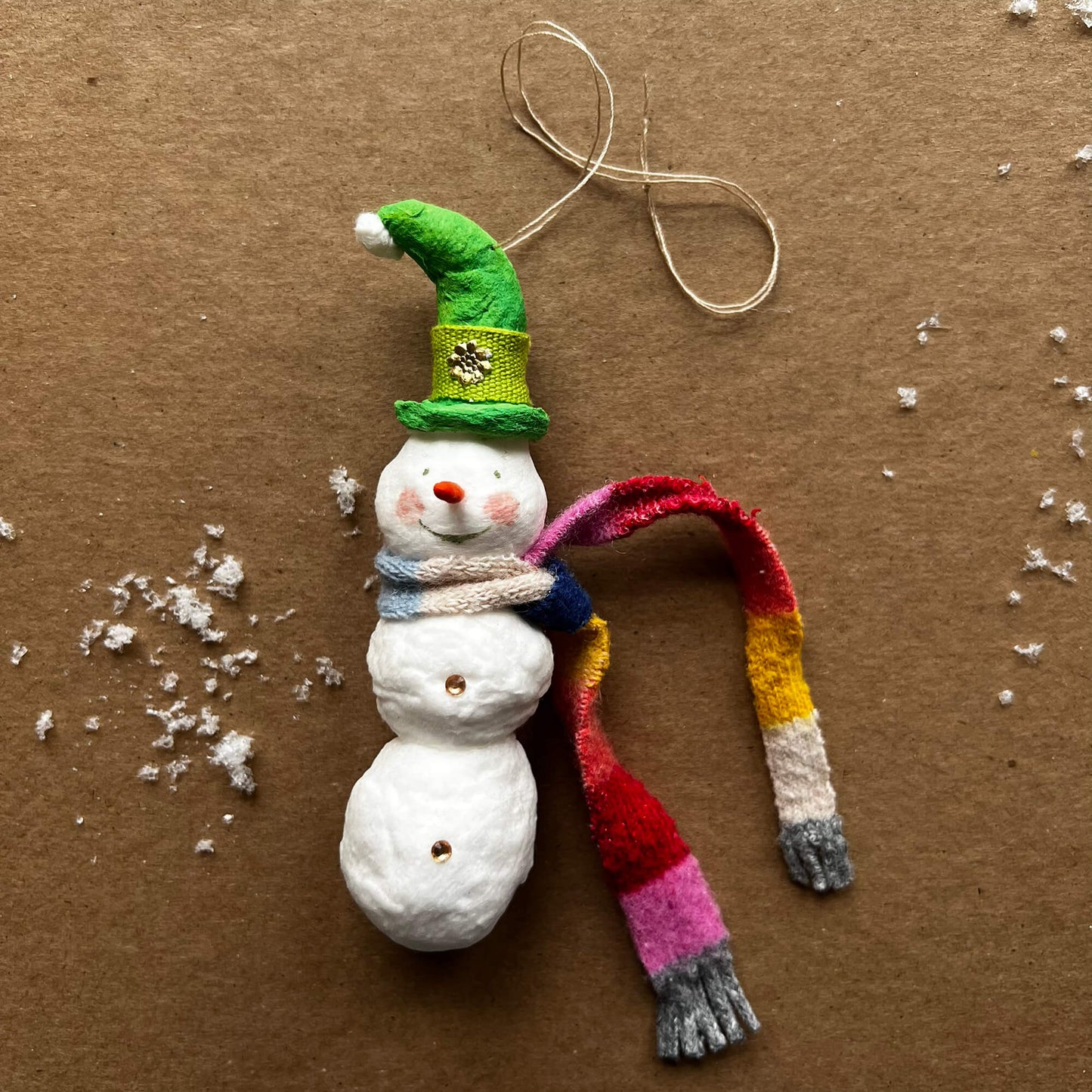 Snowman with Green Hat, Handmade Spun Cotton Ornament