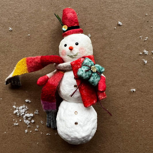 Snowman with Gifts, Handmade Spun Cotton Ornament