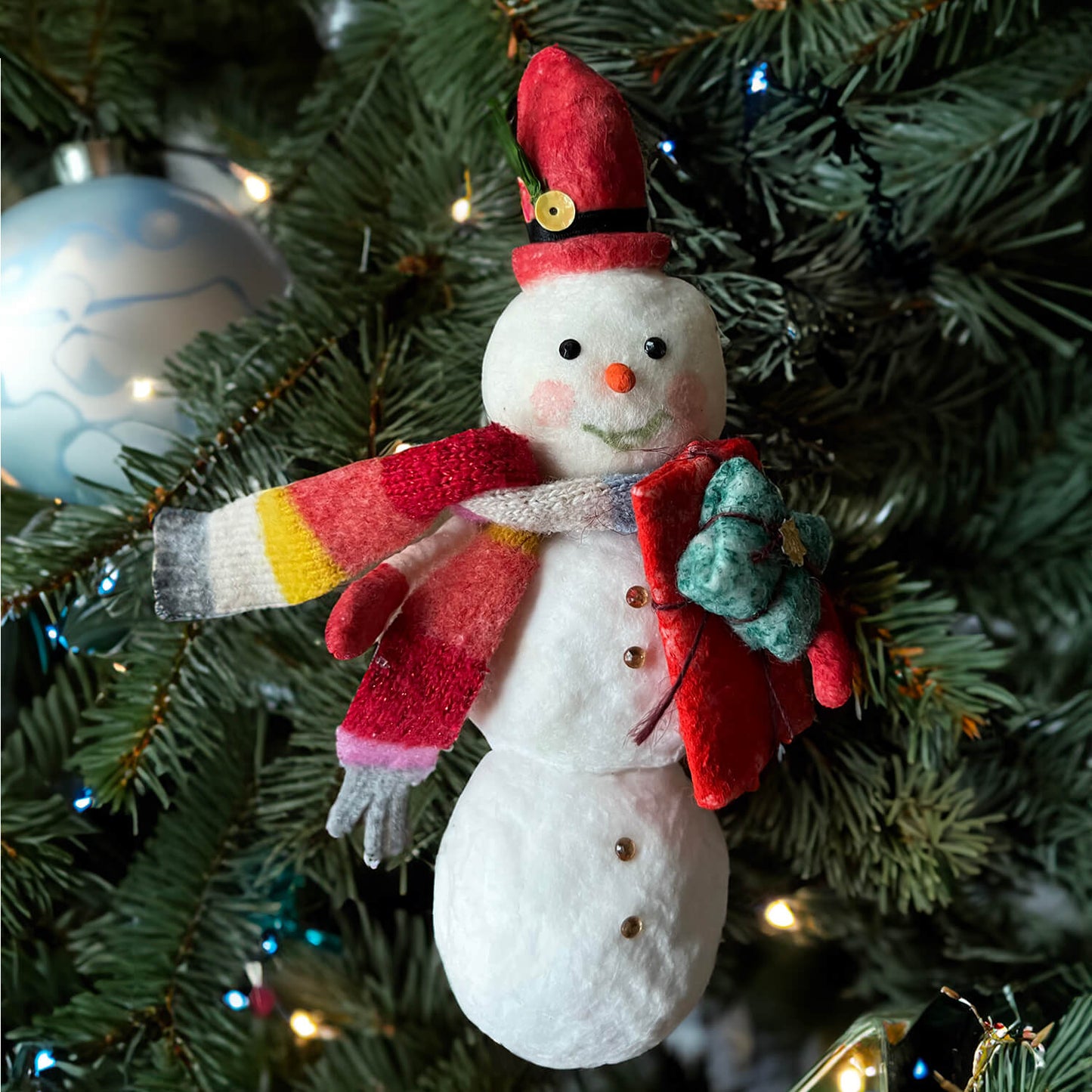Snowman with Gifts, Handmade Spun Cotton Ornament