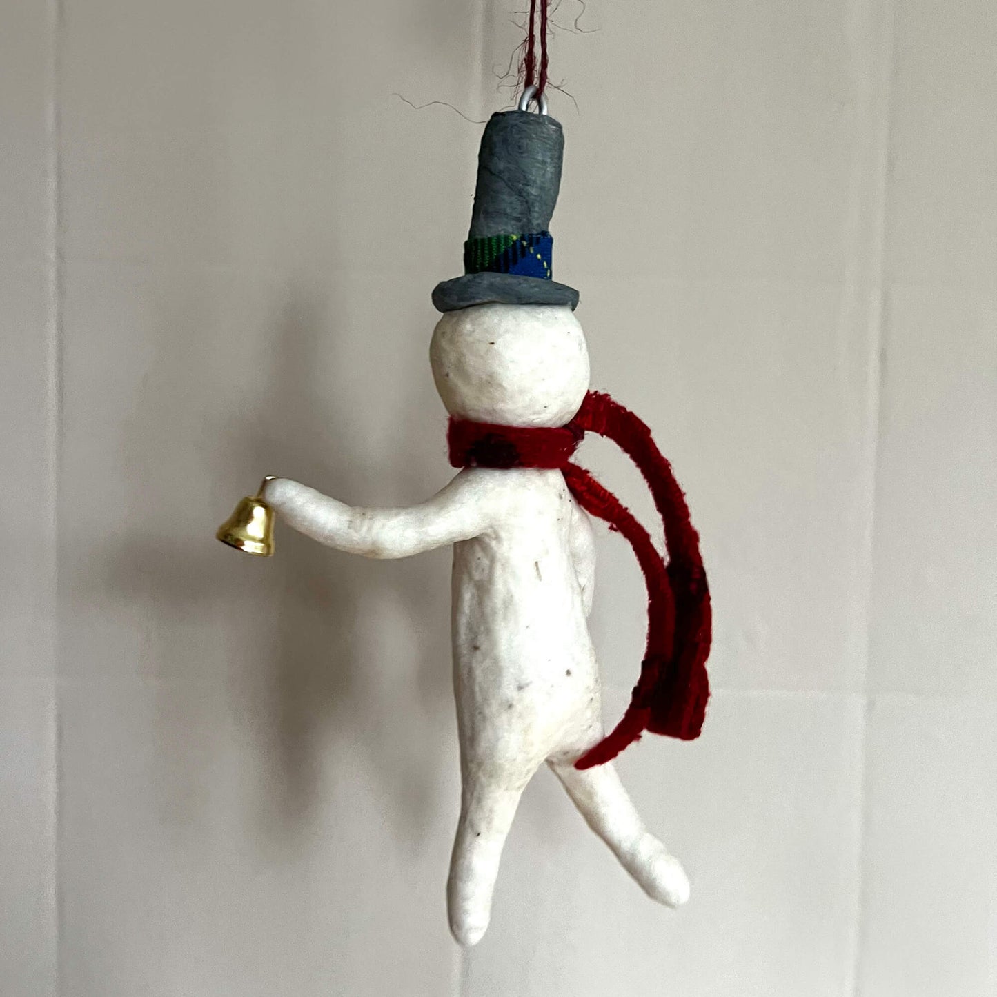 Snowman with Bell, Handmade Spun Cotton Ornament