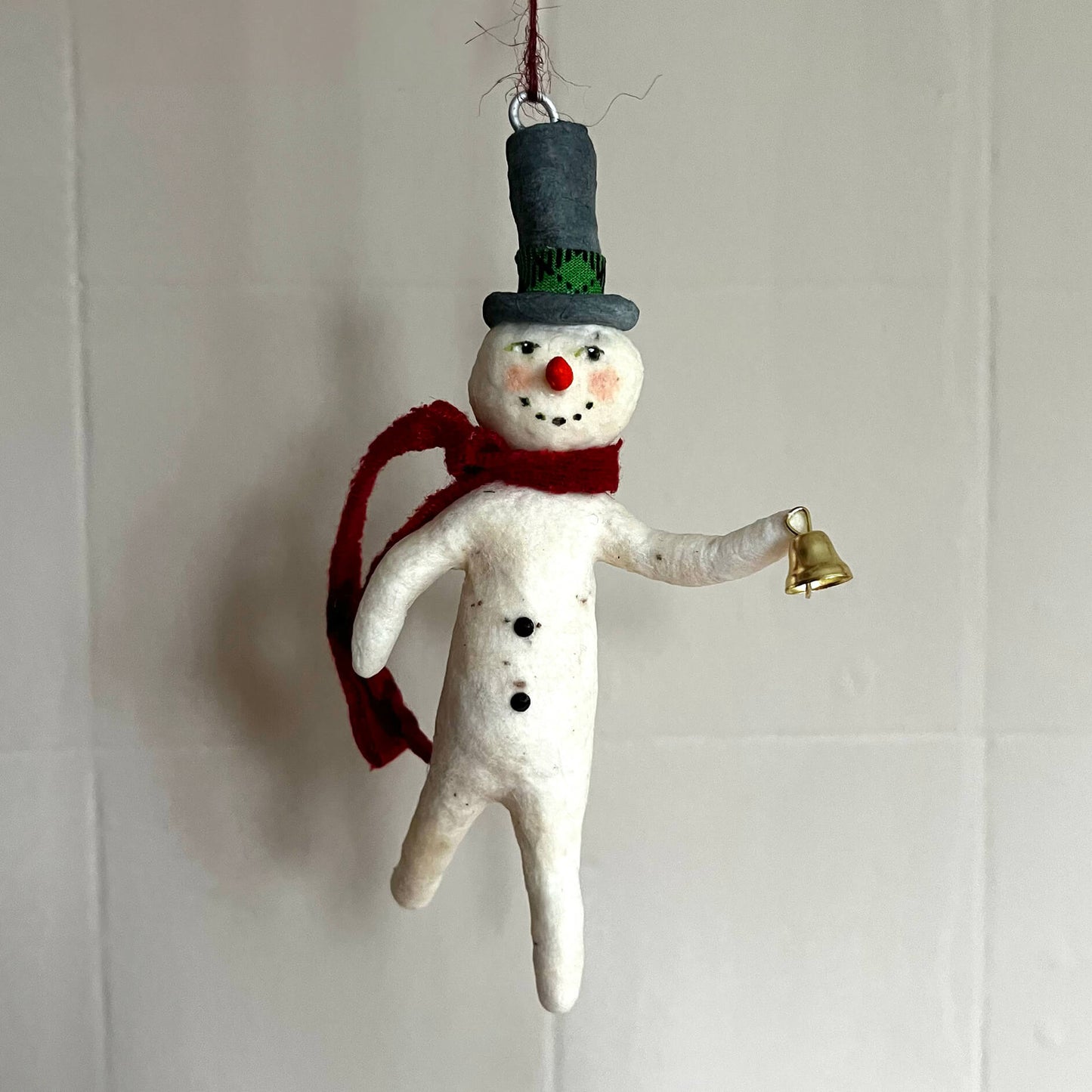 Snowman with Bell, Handmade Spun Cotton Ornament