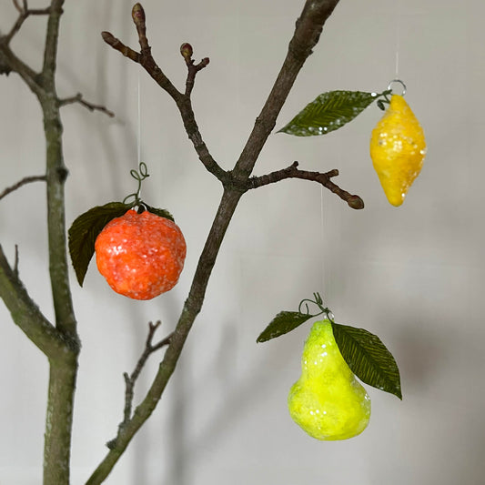 Glittered Orange, Pear & Lemon, Handmade Spun Cotton Ornament Set