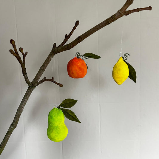 Pear, Orange, and Lemon, Handmade Spun Cotton Ornament Set