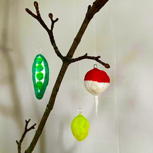Radish, Lime, and Pea Handmade Spun Cotton Ornament Set