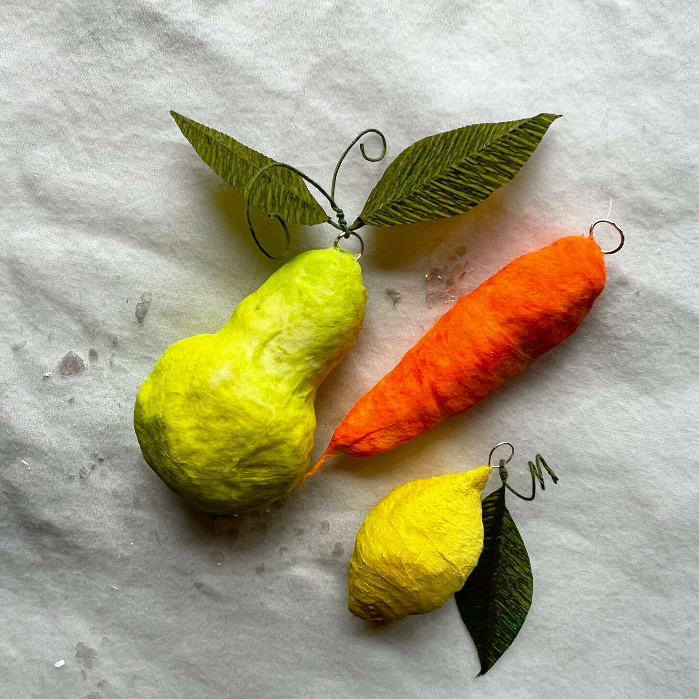 Pear, Carrot, and Lemon, Handmade Spun Cotton Ornament Set