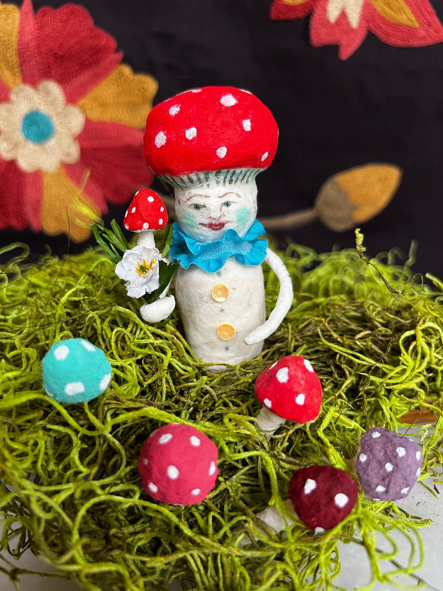 Handmade Spun Cotton Mushroom Ornament